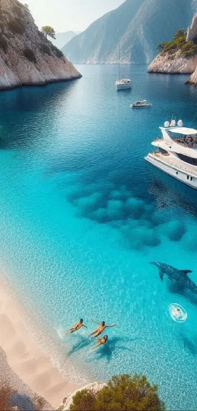 Serene bay with dolphins swimming near a yacht and beautiful beach.