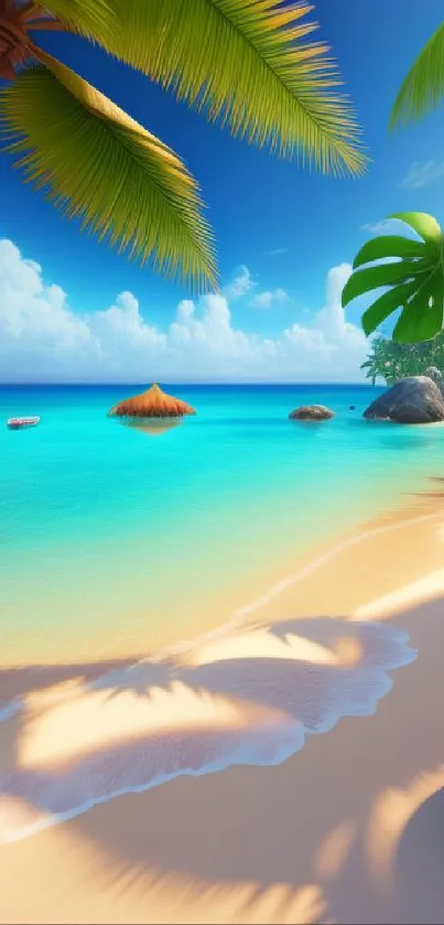 Tropical beach with palm trees, turquoise ocean, and golden sand under a blue sky.