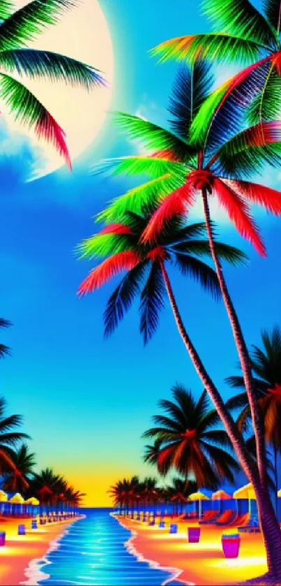 Vibrant tropical beach wallpaper with palm trees and sunset glow.