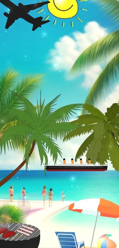 Tropical beach with palm trees and a cruise ship under sunny skies.