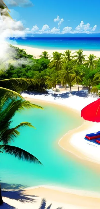 Vibrant tropical beach with palm trees and turquoise waters.