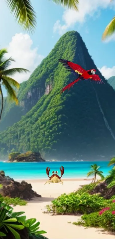 Tropical beach with mountain and parrot flying over the ocean.
