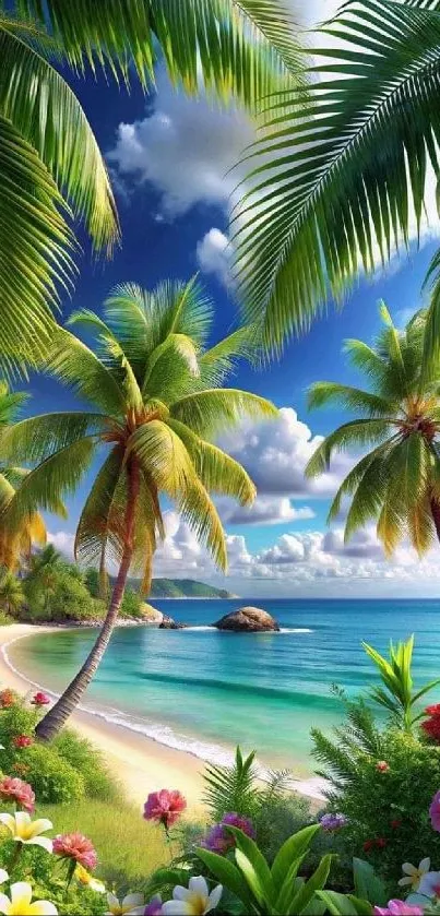 Vibrant tropical beach scene with palm trees and azure waters.