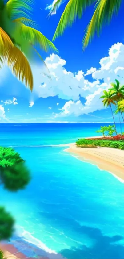 Vibrant tropical beach with clear skies and turquoise waters.