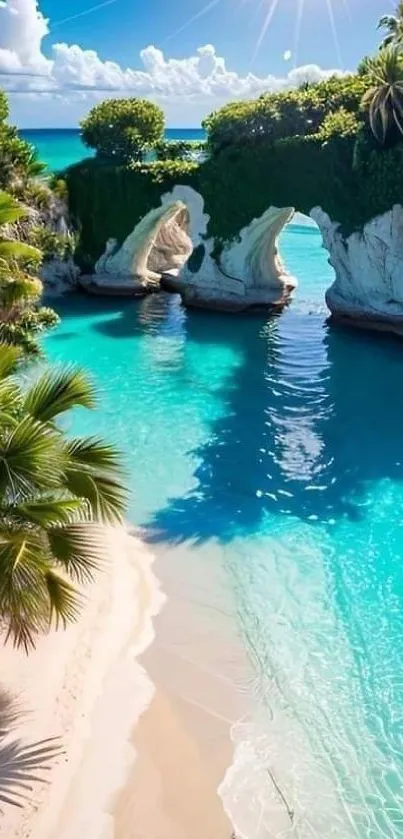 Tropical beach with clear water, lush greenery, and rock formations under a sunny sky.