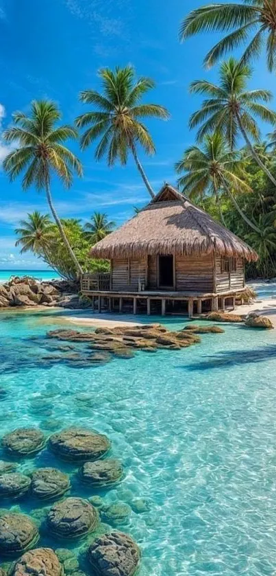 Tropical beach with palm trees and a hut over clear water.