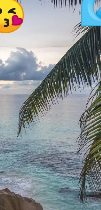 Tropical beach with palm trees and ocean, featuring playful emojis.