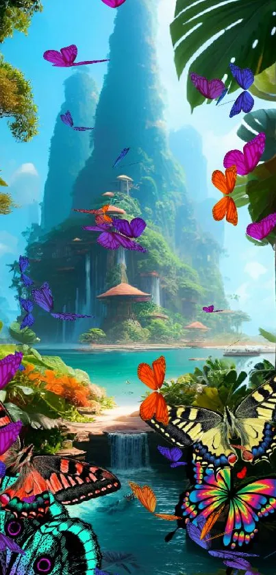 Colorful butterflies in tropical paradise with lush green mountains.