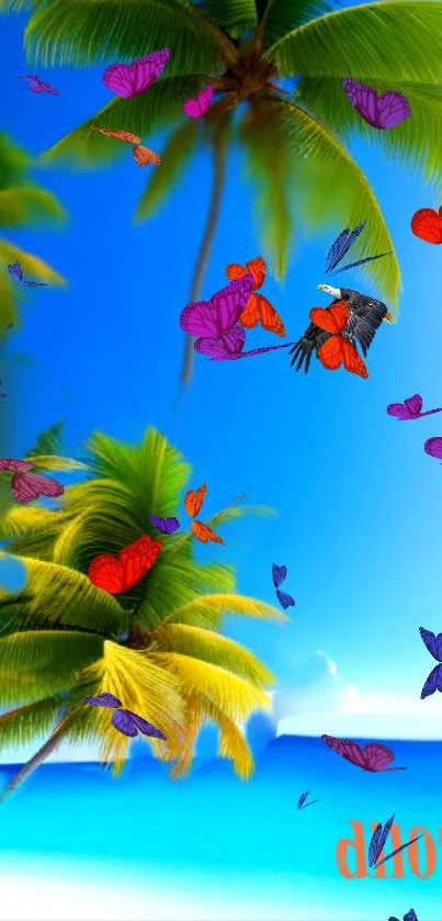 Tropical wallpaper with butterflies over ocean and palm trees.