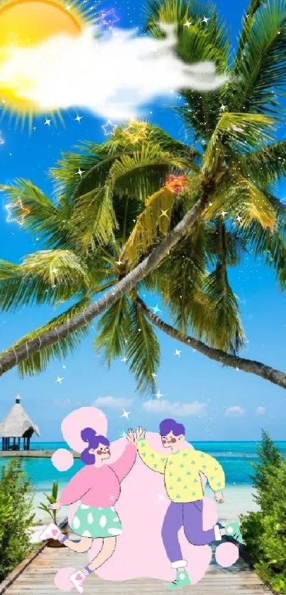 Tropical beach with cartoon characters and palm trees.