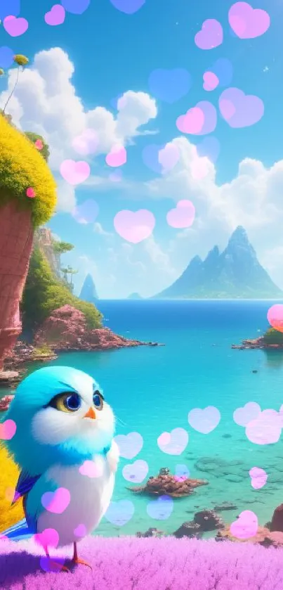 Cartoon scene with a bird by the sea in a vibrant, tropical setting.