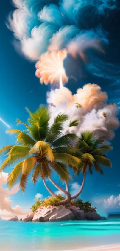 Tropical island with palm trees under vibrant skies.