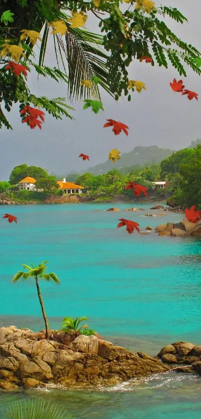 Mobile wallpaper featuring a tropical coastline with turquoise waters and lush greenery.