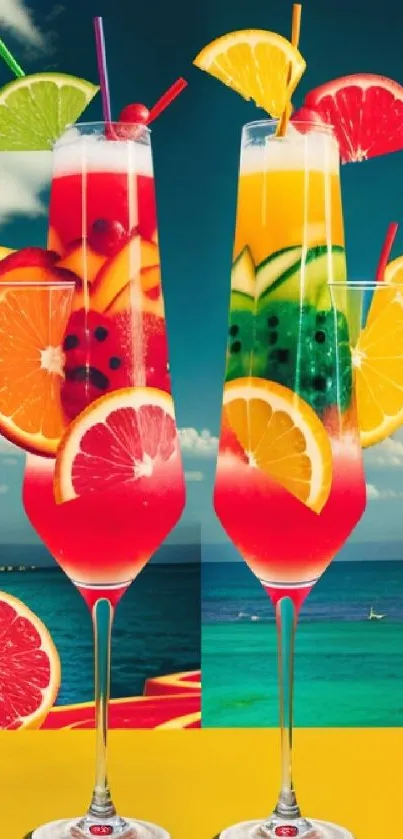 Colorful tropical cocktail wallpaper with beach view.