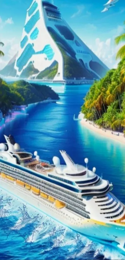 Cruise ship sailing near tropical island with futuristic hotel.