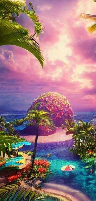 Tropical island with vibrant sunset and lush greenery mobile wallpaper.