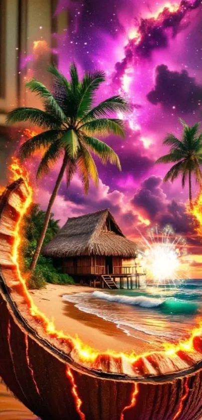 Fantasy beach scene with a fiery coconut and tropical sunset.