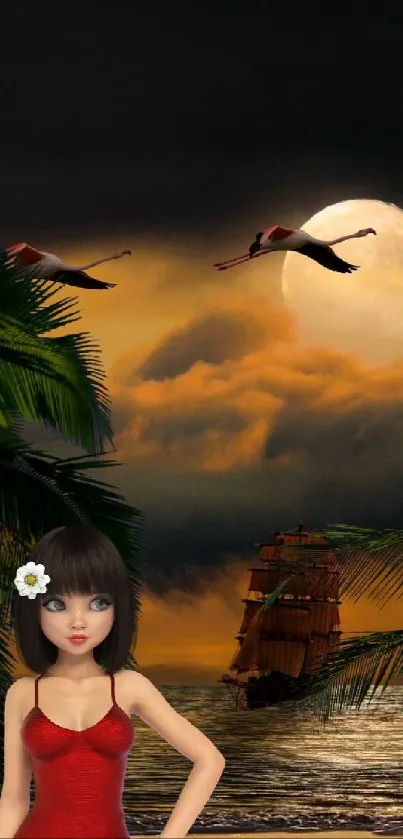 Tropical fantasy beach wallpaper with moon, ship, and palm trees