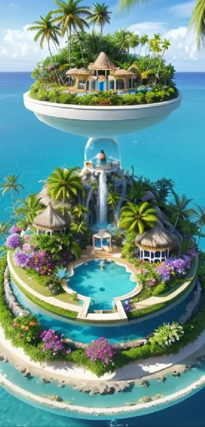 Floating tropical island with lush greenery and azure waters.