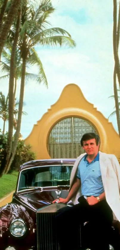 Tropical entrance with palm trees and arched gateway.