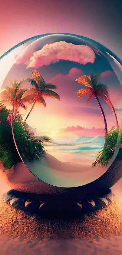 Tropical beach landscape inside a glass orb at sunset.