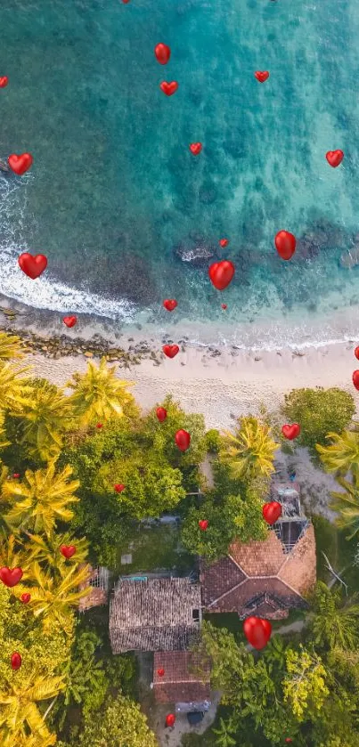 Tropical paradise with heart balloons over beach.