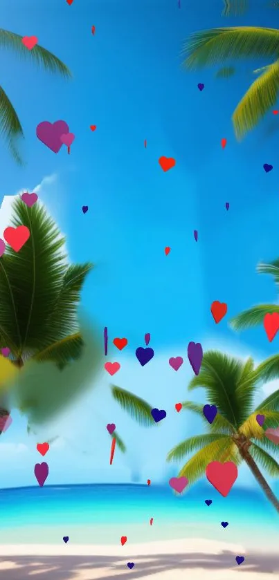 Tropical beach scene with palm trees and floating colorful hearts.