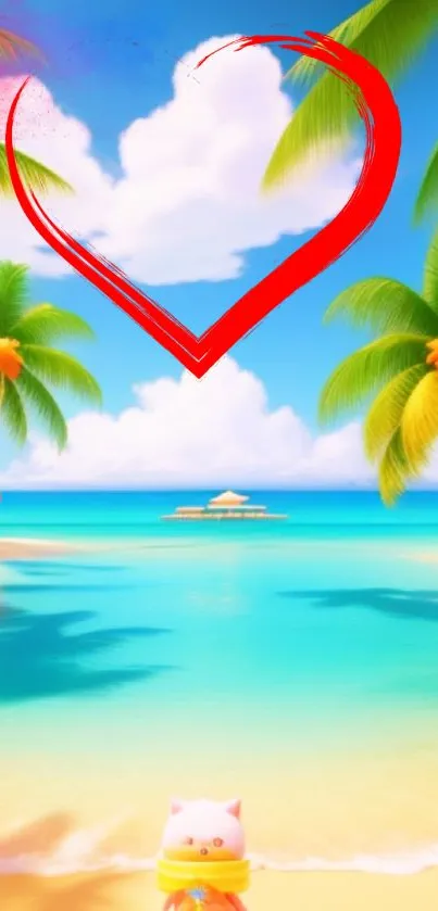 Tropical beach wallpaper with red heart and palm trees.