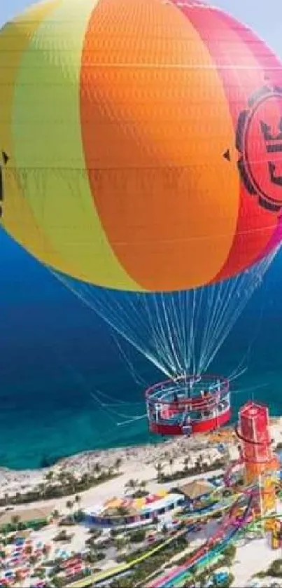 Colorful hot air balloon over tropical beach and ocean view.