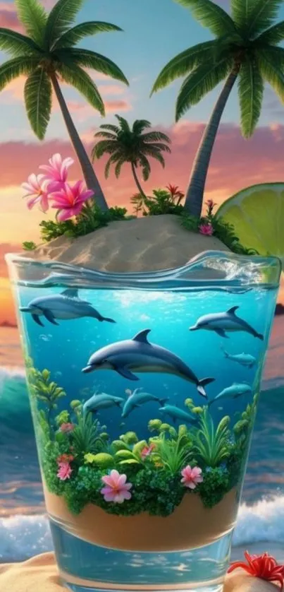 Dolphins swimming in a glass with tropical island scenery.
