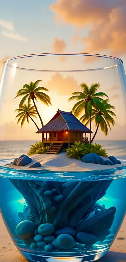 Tiny tropical island inside a glass with palm trees at sunset beach.