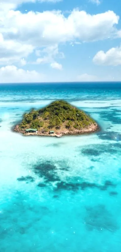 Tropical island surrounded by turquoise ocean and blue sky.