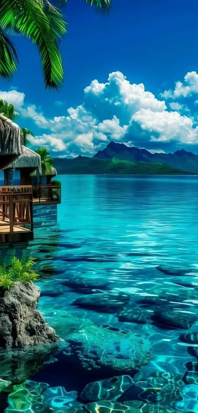 Tropical paradise lagoon with blue water and lush greenery.