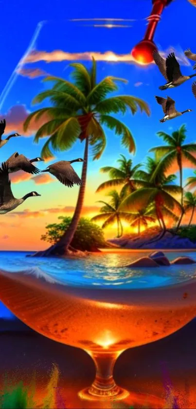 Tropical sunset beach scene in a glass with palm trees and birds.