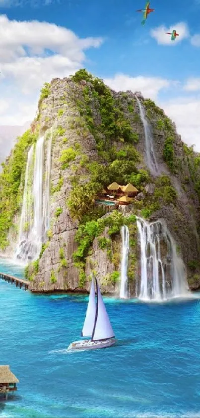 Vibrant tropical paradise with waterfalls and a sailboat by the ocean.