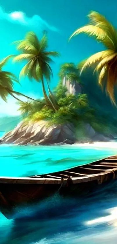 Tropical beach scene with palms and boat on a sunny day.