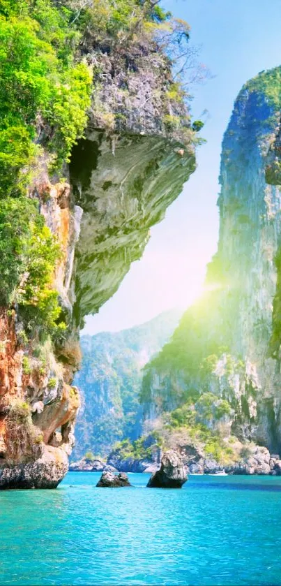 Tropical landscape wallpaper with cliffs and turquoise sea.