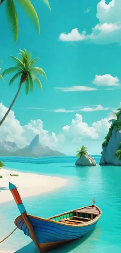 Serene tropical island with palm trees and a boat in azure waters.