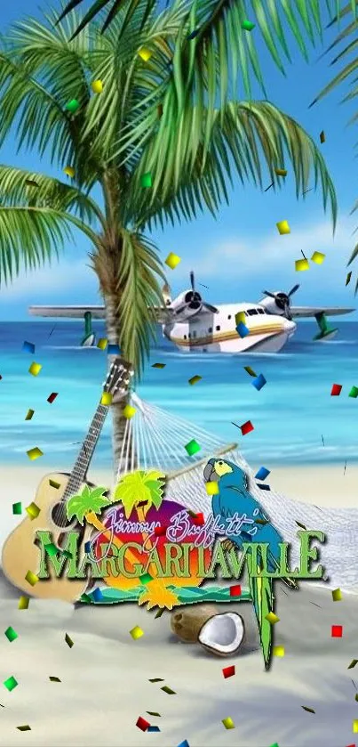 Scenic beach with hammock, palm trees, and seaplane.