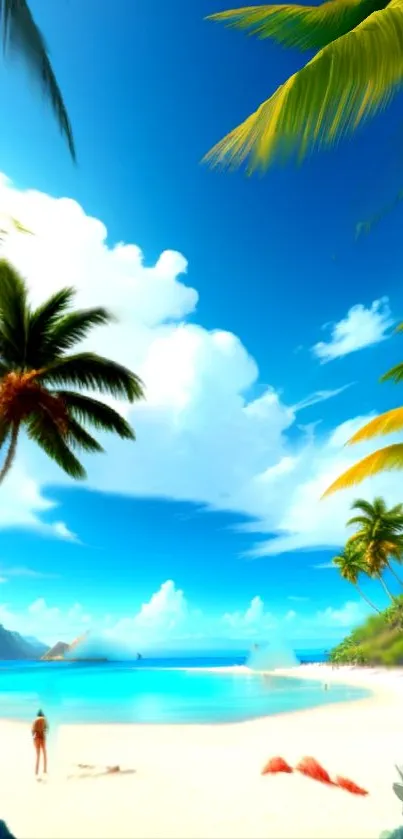 Tropical beach with palms and blue sky wallpaper.