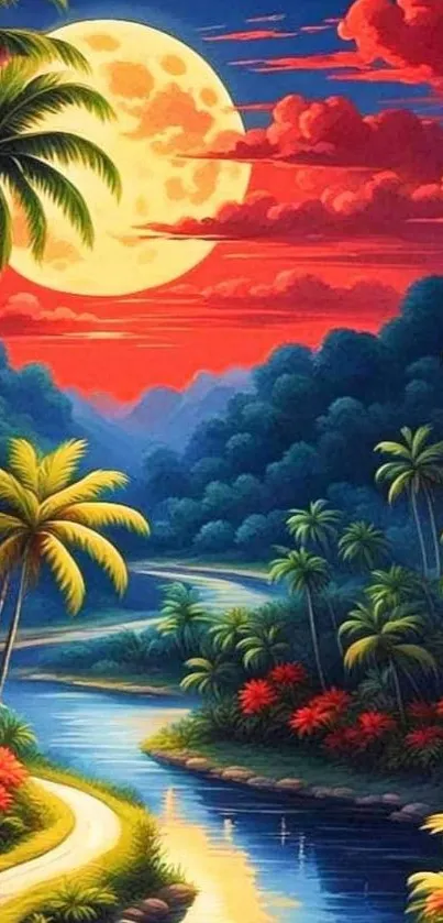 Moonlit tropical landscape with palm trees and river.