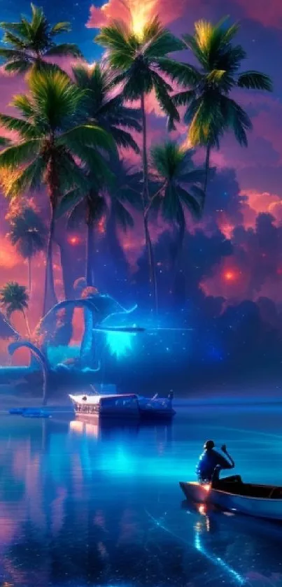 Tropical nightscape with palm trees and boats on a serene lagoon.