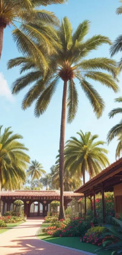 Tropical scene with palm trees and clear blue sky.