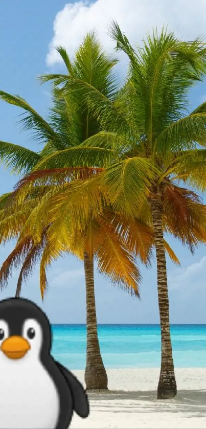 Penguin on tropical beach with palm trees and blue ocean.