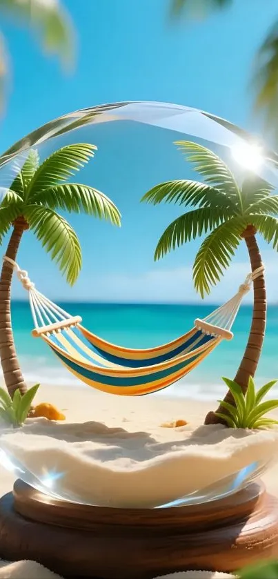 Tropical beach with palm trees and hammock in a glass sphere.