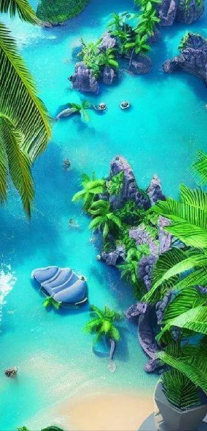 Tropical paradise beach with turquoise water and lush greenery.