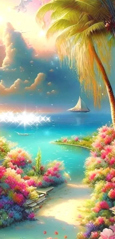 Vibrant tropical paradise on mobile wallpaper.