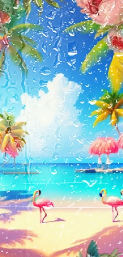 Tropical paradise wallpaper with flamingos, palm trees, and a clear blue sky.