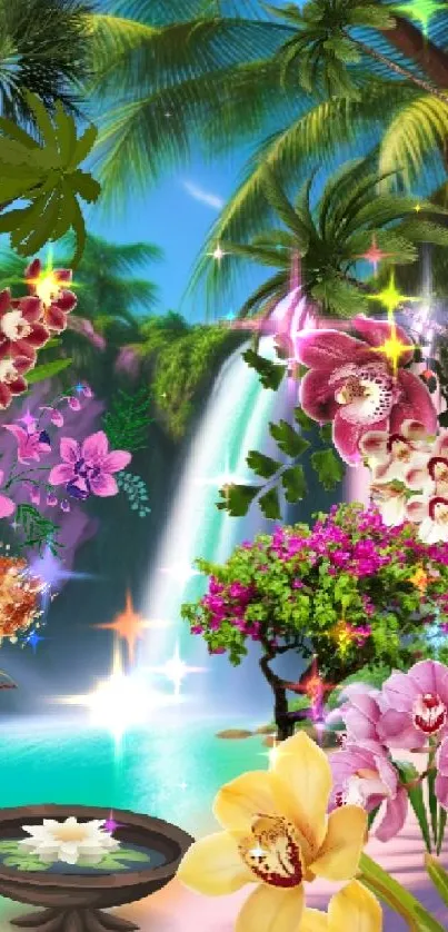 Lush tropical escape with waterfall and vibrant flowers.