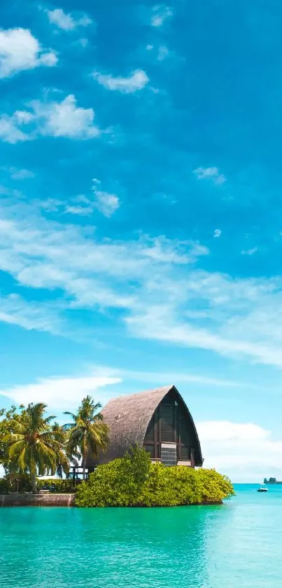 Tropical island with a hut, palm trees, and blue ocean water under a clear sky.